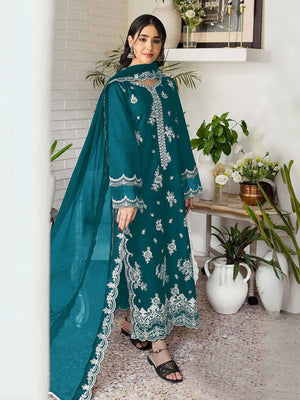 Rajwada Teal Georgette Embroidered Semi-Stitched Kurta Set For Women