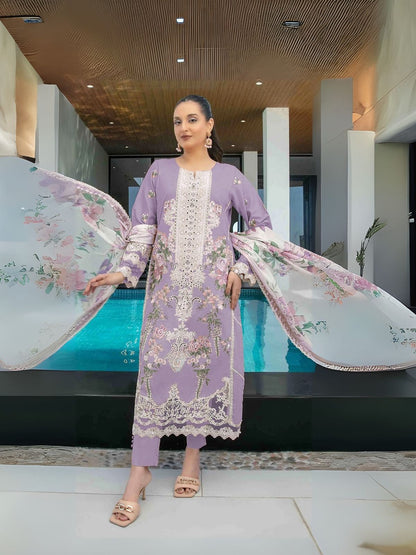 Rajwada Lavender Cotton Blend Embroidered Semi Stitched Kurta Set For Women