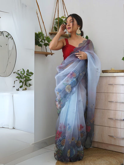 Rajwada Blue Organza Printed Saree With Unstitched Blouse For Women