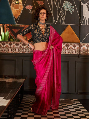 Rajwada Pink Viscose Woven Saree With Unstitched Blouse For Women