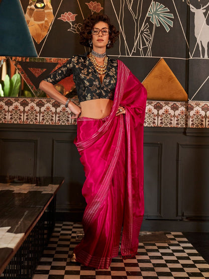 Rajwada Pink Viscose Woven Saree With Unstitched Blouse For Women