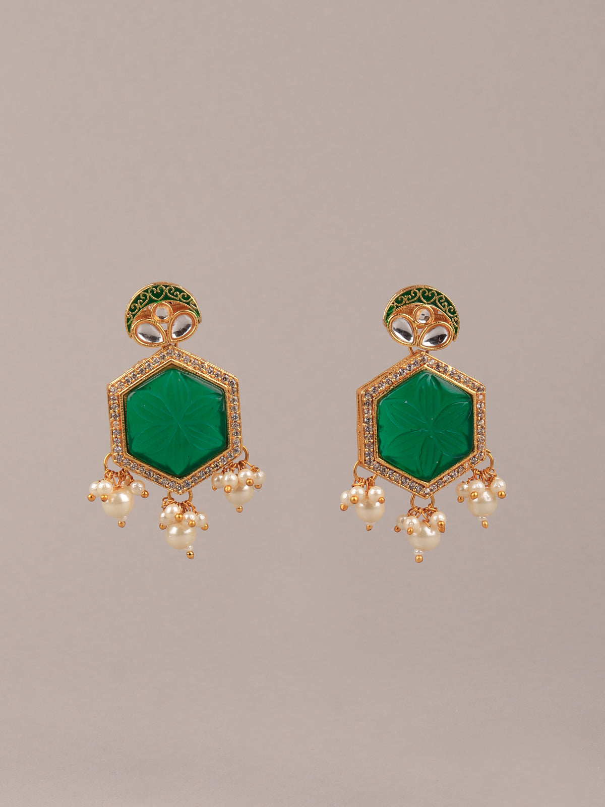 Rajwada - Green Stone and White Pearl Choker Set Earrings