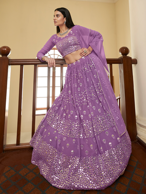Rajwada Women Purple Georgette Semi Stitched Lehenga With Unstitched Blouse