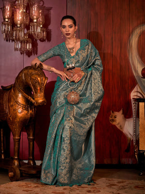 Rajwada Green Silk Blend Woven Saree With Unstitched Blouse For Women
