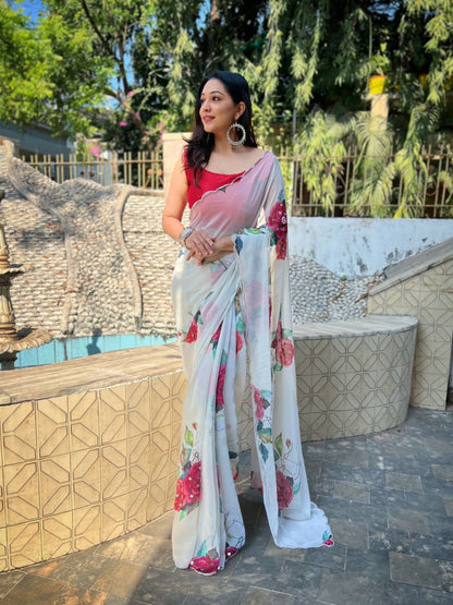 Rajwada Off White Georgette Printed Saree With Unstitched Blouse For Women