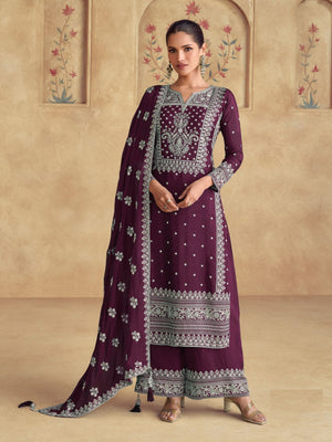 Rajwada Wine Georgette Embroidered Semi-Stitched Kurta Set For Women