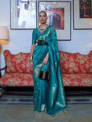 Rajwada Green Silk Blend Woven Saree With Unstitched Blouse for Women