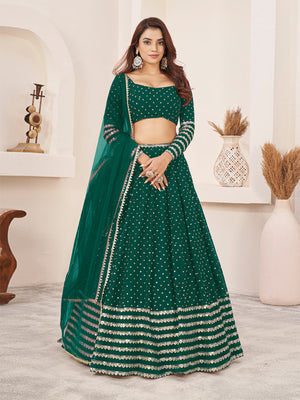 Rajwada Teal Georgette Embellished Semi Stitched Lehenga With Unstitched Blouse For Women