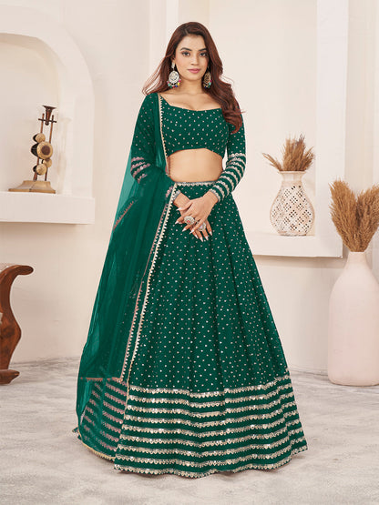 Rajwada Teal Georgette Embellished Semi Stitched Lehenga With Unstitched Blouse For Women