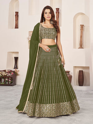 Rajwada Olive Georgette Embellished Semi Stiched Lehenga With Unstitched Blouse For Women