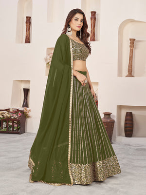 Rajwada Olive Georgette Embellished Semi Stiched Lehenga With Unstitched Blouse For Women