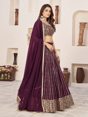 Rajwada Wine Georgette Embellished Semi Stitched Lehenga With Unstitched Blouse For Women
