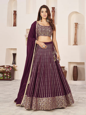 Rajwada Wine Georgette Embellished Semi Stitched Lehenga With Unstitched Blouse For Women