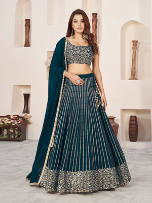 Rajwada Teal Georgette Embellished Semi Stitched Lehenga With Unstitched Blouse For Women