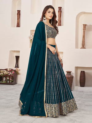 Rajwada Teal Georgette Embellished Semi Stitched Lehenga With Unstitched Blouse For Women