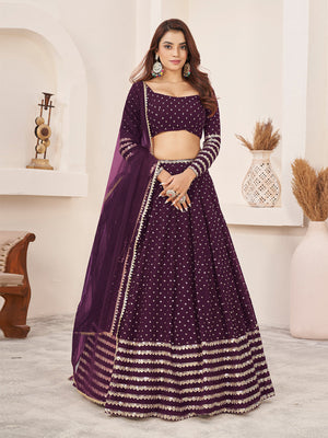 Rajwada Wine Georgette Embellished Semi Stitched Lehenga With Unstitched Blouse For Women