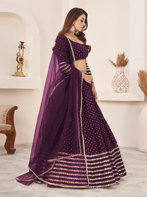 Rajwada Wine Georgette Embellished Semi Stitched Lehenga With Unstitched Blouse For Women