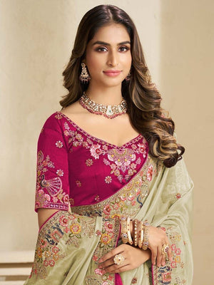 Rajwada Pista Green Satin Embroidered Saree For Women