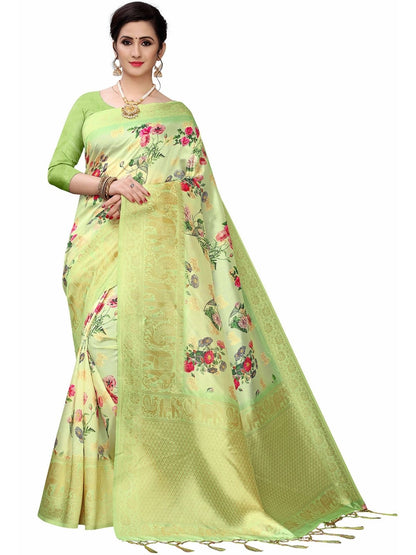 Rajwada Green Silk Blend Floral Printed Saree For Women