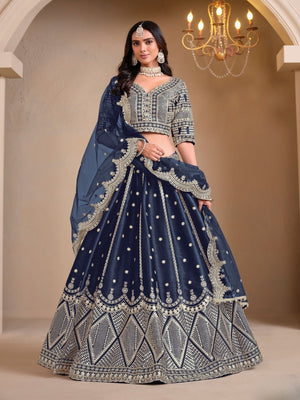 Rajwada Navy Blue Art Silk Embroidered Semi-Stitched lehenga For Women