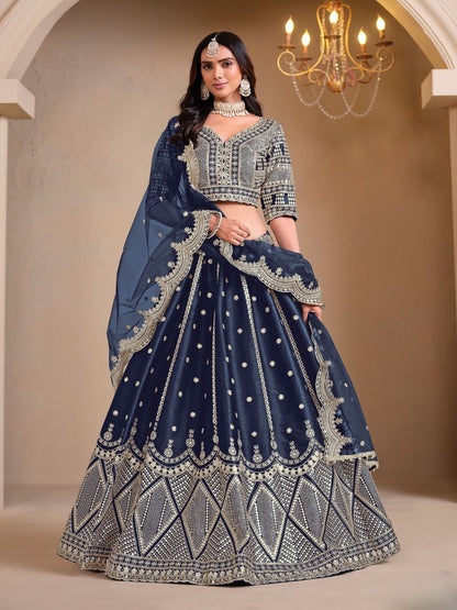 Rajwada Navy Blue Art Silk Embroidered Semi-Stitched lehenga For Women
