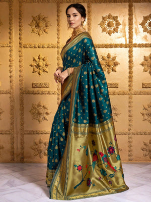 Rajwada Teal Green Silk Blend Woven Pithani Saree For Women