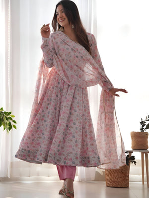 Rajwada Pink Chiffon Floral Digital Print Stitched Kurta Set For Women