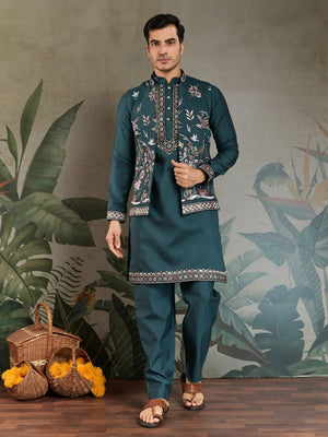 Rajwada Green Viscose Silk Embroidered Stitched Kurta Set For Men