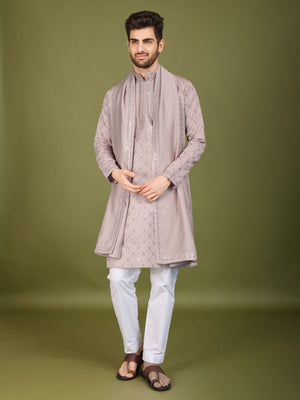 Rajwada Lavender Viscose Silk Embellished Stitched Kurta For Men