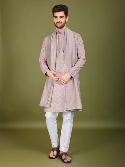 Rajwada Lavender Viscose Silk Embellished Stitched Kurta For Men
