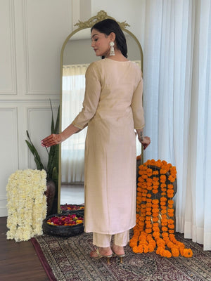 Rajwada Cream Silk Blend Embroidered Stitched Kurta Set For Women