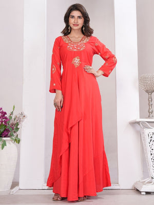 Rajwada Red Cotton Blend Embroidered Kurti For Women
