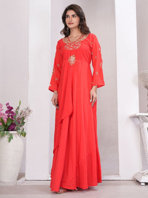 Rajwada Red Cotton Blend Embroidered Kurti For Women