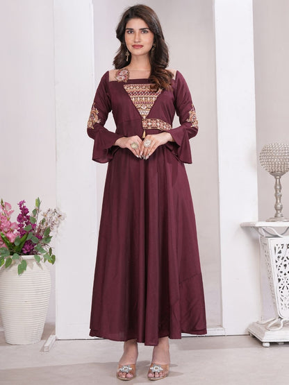 Rajwada Deep Wine Cotton Blend Embroidered Kurti For Women