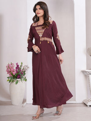Rajwada Deep Wine Cotton Blend Embroidered Kurti For Women