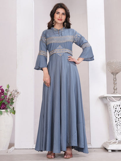 Rajwada Dusty Blue Cotton Blend Embroidered Kurti For Women
