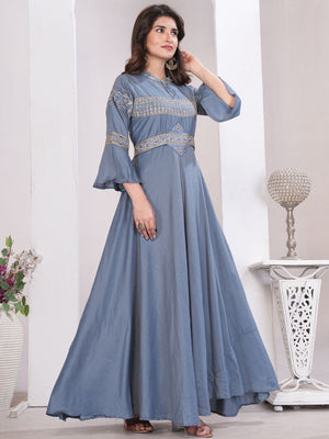Rajwada Dusty Blue Cotton Blend Embroidered Kurti For Women