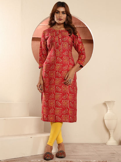 Rajwada Red Viscose Printed Kurta For Women