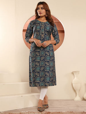 Rajwada Navy Blue Viscose Printed Kurta For Women