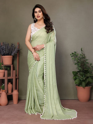 Rajwada Green Banglori Lace Work Saree With Unstitched Blouse For Women