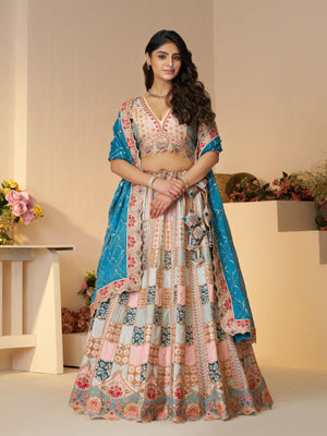 Rajwada Multicolor Silk Blend Embroidered Semi-Stitched Lehenga For Women