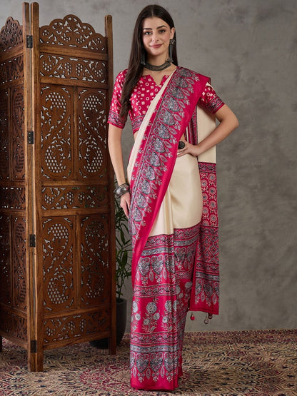 Rajwada Pink And Cream Silk Blend Printed Elegant Saree For Women