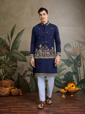Rajwada Navy Blue Cotton Blend Embroidered Stitched Kurta For Men