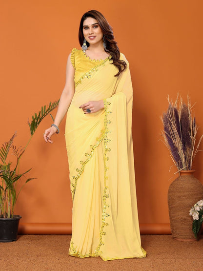Rajwada Yellow Georgette Embroidered Saree For Women