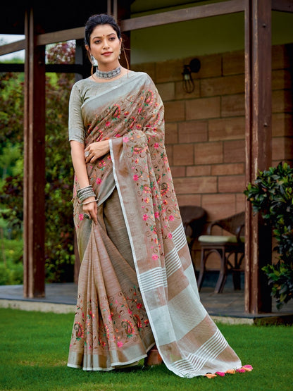 Rajwada Brown Cotton Linen Striped Saree For Women