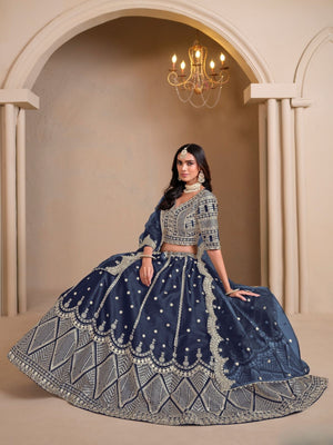 Rajwada Navy Blue Art Silk Embroidered Semi-Stitched lehenga For Women