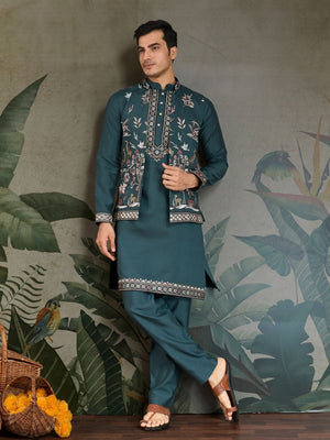 Rajwada Green Viscose Silk Embroidered Stitched Kurta Set For Men