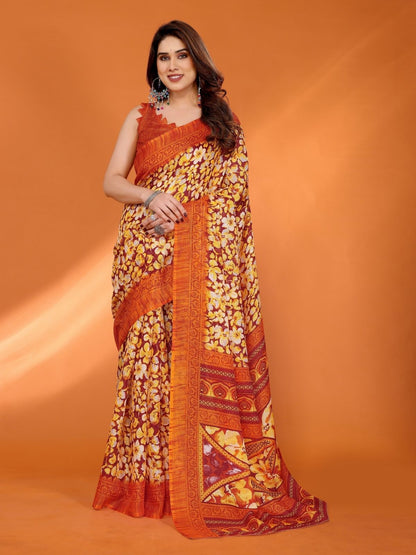Rajwada Orange Silk Blend Printed Saree For Women