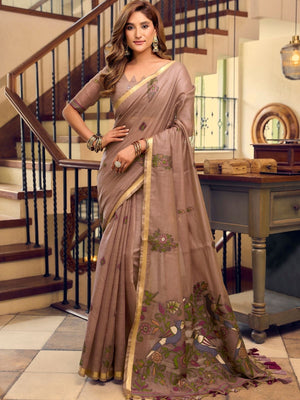 Rajwada Brown Cotton Blend Solid Saree For Women