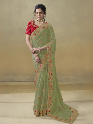 Rajwada Green Georgette Embroidered Elegant Saree For Women